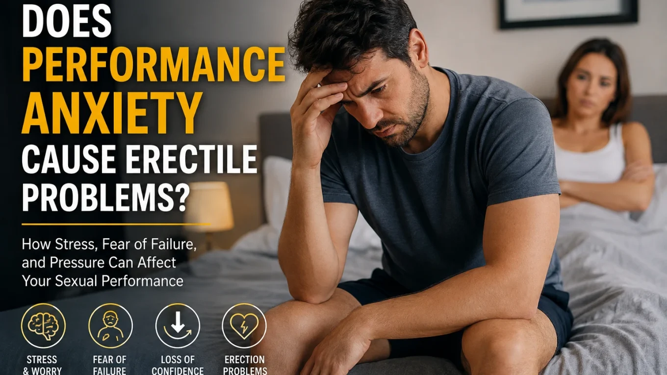 Thoughtful man sitting on the edge of a bed while his partner looks concerned, representing sexual performance anxiety and erection problems