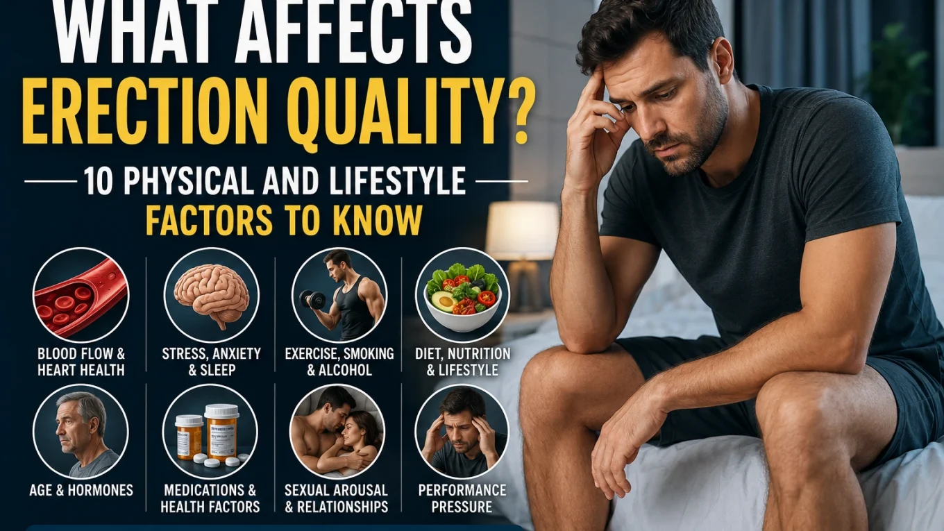 Thoughtful adult man sitting on the edge of a bed in a modern bedroom, representing physical, lifestyle, and emotional factors that can affect erection quality