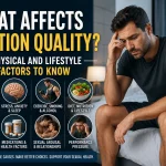 Thoughtful adult man sitting on the edge of a bed in a modern bedroom, representing physical, lifestyle, and emotional factors that can affect erection quality