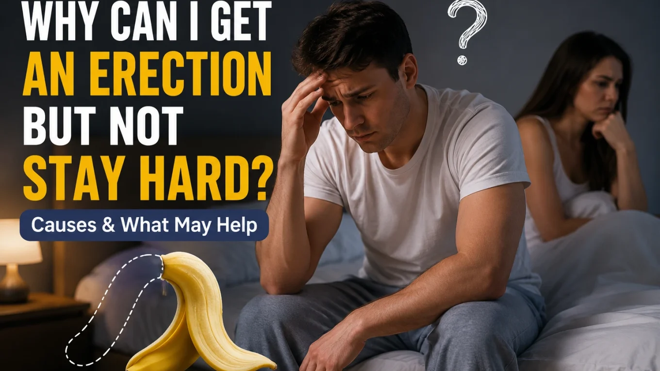 Worried man sitting on a bed with his partner in the background, illustrating difficulty maintaining an erection and sexual performance concerns