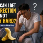 Worried man sitting on a bed with his partner in the background, illustrating difficulty maintaining an erection and sexual performance concerns